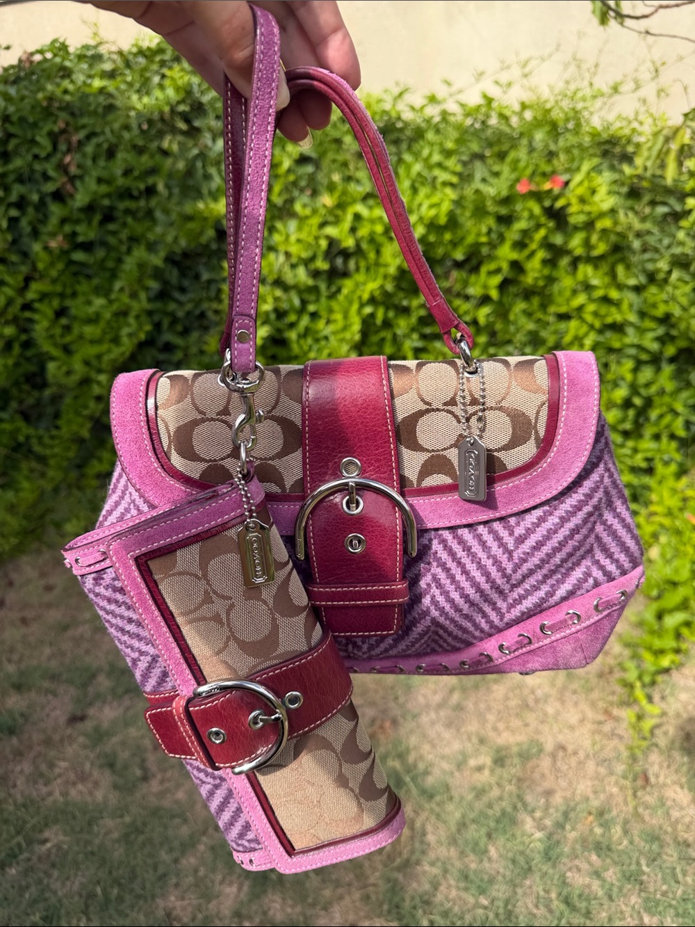 RARE Vintage Coach Soho 9748 & 9747 Purple Herringbone Tweed Bag Wristlet Set